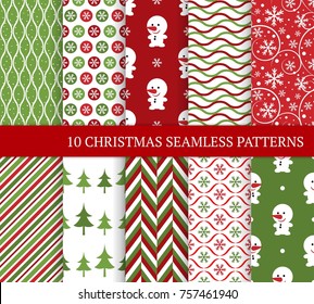 Ten Christmas different seamless patterns. Xmas endless texture for wallpaper, web page background, wrapping paper and etc. Retro style. Snowflakes, circles, color lines, Christmas tree and snowman.