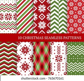 Ten Christmas different seamless patterns. Xmas endless texture for wallpaper, web page background, wrapping paper and etc. Retro style. Snowflakes, zigzag, color lines and Nordic motifs