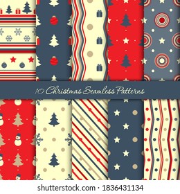 Ten Christmas seamless patterns in blue and red colours for web background, vector