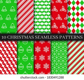 Ten Christmas seamless patterns collection. Xmas New year texture. Festive seamless background with holly, bells, snowflakes, candycane lollipop and geometric ornament. Holiday wrapping paper. Vector