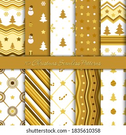 Ten Christmas seamless patterns in white and golden colours, vector