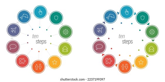 Ten circles each different color, connected with triangle arrows forming one larger circle - multiple steps process infographics