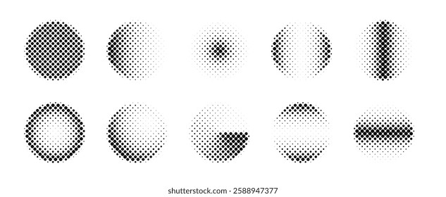 Ten circular halftone patterns with varying black dot densities and arrangements on a white background. Each circle showcases unique gradients and contrast, emphasizing artistic design.