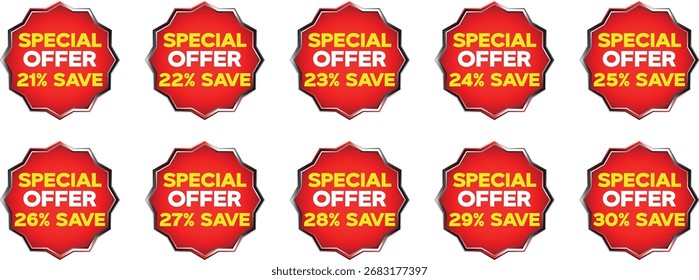 Ten circular red badges with black and white highlights are arranged in two rows. Each badge displays the text "UNLOCK" in white at the top, a percentage in bright yellow in the middle, and "SAVINGS"