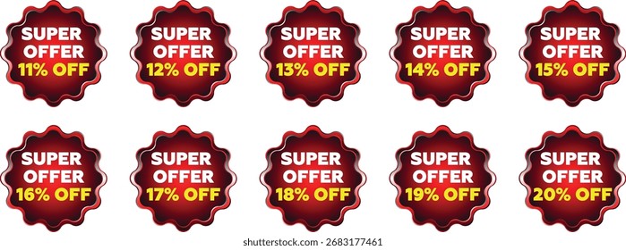 Ten circular red badges with black and white highlights are arranged in two rows. Each badge displays the text "UNLOCK" in white at the top, a percentage in bright yellow in the middle, and "SAVINGS"