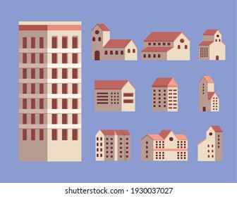 ten city buildings set icons