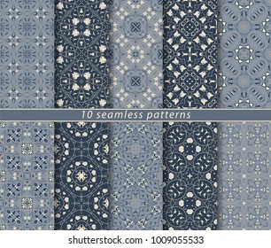 Ten classic seamless blue arabic patterns. A set of rectangular ornament in Oriental style. Suitable for wrapping paper, print, fabric or scrapbooking.