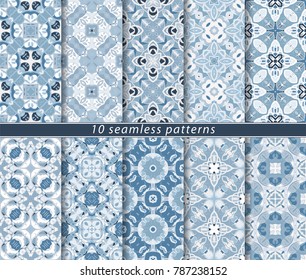 Ten classic seamless blue patterns. A set of rectangular ornament in Oriental style. Suitable for wrapping paper, print, fabric or scrapbooking.