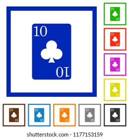 Ten of clubs card flat color icons in square frames on white background