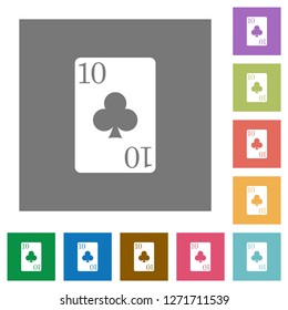 Ten of clubs card flat icons on simple color square backgrounds