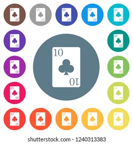 Ten of clubs card flat white icons on round color backgrounds. 17 background color variations are included.