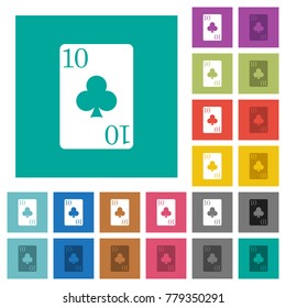 Ten of clubs card multi colored flat icons on plain square backgrounds. Included white and darker icon variations for hover or active effects.