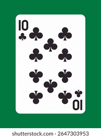 Dez de Clubes jogando carta com símbolos de clube preto e números em negrito, mostrados em uma carta branca sobre um fundo verde. Conceito de casino, jogos de azar e jogos. Ilustração vetorial