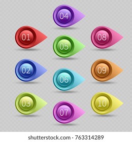 Ten color bullet points with numbers vector collection. Illustration of web bullet point arrow
