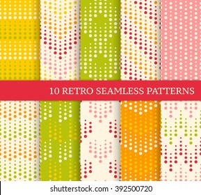 Ten color retro seamless patterns with dots. Zig zag, hearts, stripes made of dots with different size. Endless bright texture for wallpaper, web page background, wrapping paper and etc. Retro style. 