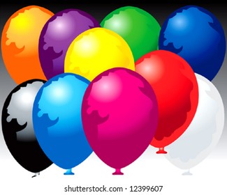 Ten colored balloons black background