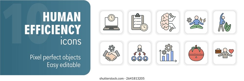 Ten colorful icons representing concepts of human efficiency and performance optimization