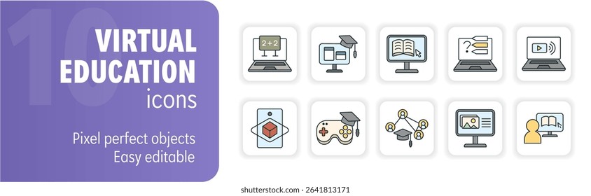 Ten colorful icons representing various aspects of virtual education, encompassing online courses, video tutorials, distance learning, and gamification