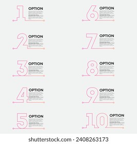  Ten colorful numbers or shapes and rectangular elements or cards with space for text. Infographic design template. Creative vector illustration for visualizing business options, website menu.