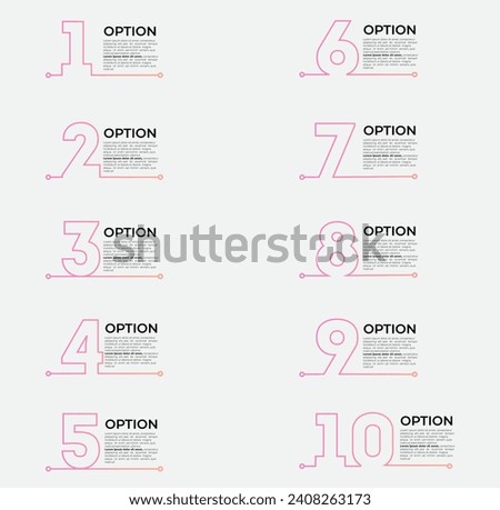  Ten colorful numbers or shapes and rectangular elements or cards with space for text. Infographic design template. Creative vector illustration for visualizing business options, website menu.