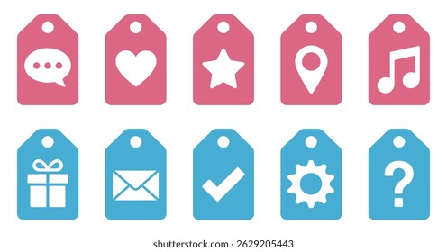 Dez tags coloridas com vários ícones: bate-papo, coração, estrela, localização, nota de música, presente, e-mail, marca de seleção, equipamento e ponto de interrogação. Perfeito para design de aplicativo ou interface de site.