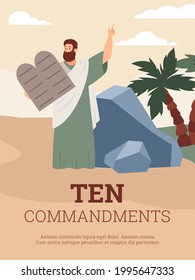 Ten commandments banner or poster template with Biblical prophet Moses, flat vector illustration. Jewish Biblical or Old Testament Moses prophet with Decalogue laws.