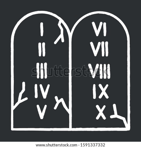 Ten Commandments Bible story chalk icon. Biblical laws written on stone tablets. Religious legend. Christian religion, holy book narrative, sacred scene. Isolated vector chalkboard illustration