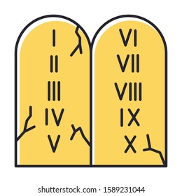 Ten Commandments Bible story color icon. Biblical laws written on stone tablets. Religious legend. Christian religion, holy book narrative, sacred scene. Isolated vector illustration