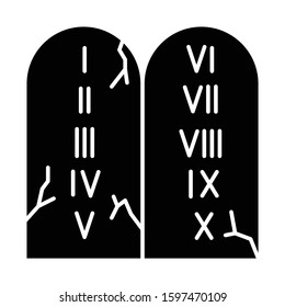 Ten Commandments Bible story glyph icon. Biblical laws written on stone tablets. Christian religion, holy book narrative, sacred scene. Silhouette symbol. Negative space. Vector isolated illustration
