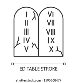 Ten Commandments Bible story linear icon. Biblical laws written on stone tablets. Religious legend. Thin line illustration. Contour symbol. Vector isolated outline drawing. Editable stroke