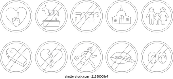 Ten Commandments icon set Decalogue drawn with simple lines.