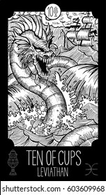 Ten of cups. Leviathan. Minor Arcana Tarot card. Fantasy line art illustration. Engraved vector drawing. See all collection in my portfolio set.