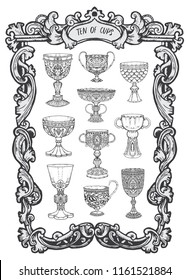 Ten of cups. Minor Arcana tarot card. The Magic Gate deck. Fantasy engraved vector illustration with occult mysterious symbols and esoteric concept