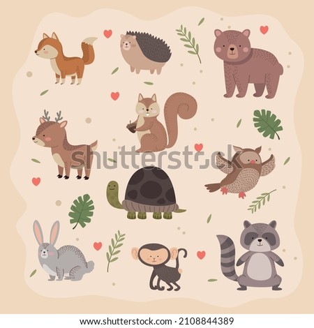 ten cute animals set icons