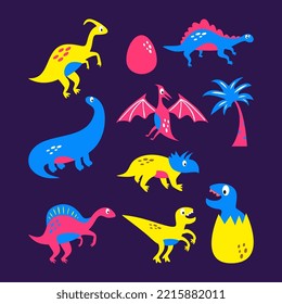Ten cute dinosaurs in egg elements isolated on purple background.
