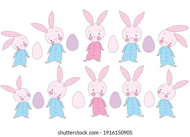 Diez lindos conejitos de Pascua y ocho huevos