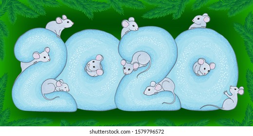 Ten cute mice among snowy numbers on a dark green background with Christmas tree branches. Vector holiday illustration for New Year 2020 greeting card. Chinese Year of the Rat.