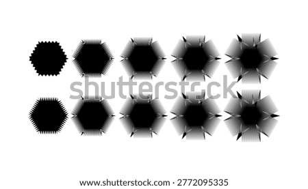 Ten dark, abstract geometric shapes are arranged