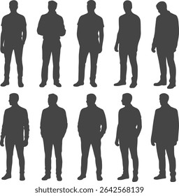 Dez silhuetas masculinas cinza escuro estão em várias poses casuais contra um fundo branco. As ilustrações vetoriais simples são imagens de corpo inteiro.