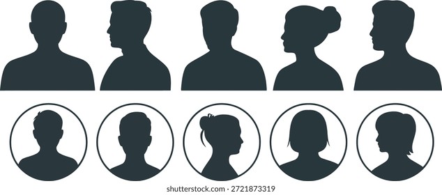 Ten dark grey human head and shoulder silhouettes, some within circles, representing user profiles or avatars against white.