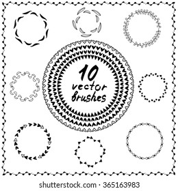 Ten decorative handmade vector brushes set for universal use. Easy to apply color. Easy to apply to any shape