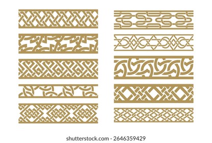 Dez fitas vetoriais decorativas com padrões abstratos e clássicos entrelaçados. Listras elegantes e perfeitas em ouro para quadros ou divisores.