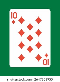 Dez de Diamantes jogando carta com símbolos de diamante vermelho e um fundo branco negrito, colocado em uma superfície verde. Conceito clássico de jogo de cartas. Ilustração vetorial