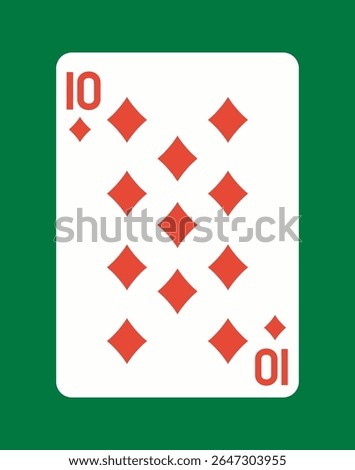 Ten of Diamonds playing card with red diamond symbols and a bold white background, placed on a green surface. Classic card game concept. Vector illustration