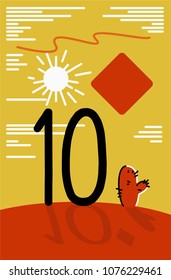 ten of diamonds. Stylized Vector Vintage and comic style playing card with number, cactus, sun and desert landscape   