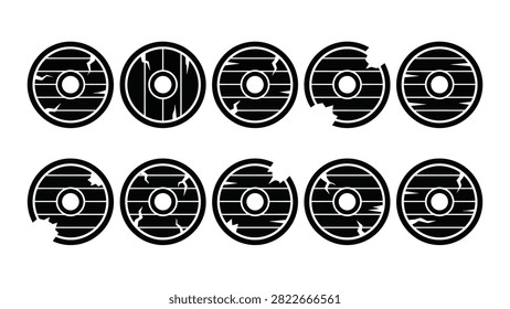 Ten different circular wooden shield emblems with cracks and chips. Some shields feature concentric circles and central holes. Great for fantasy games and rustic designs.
