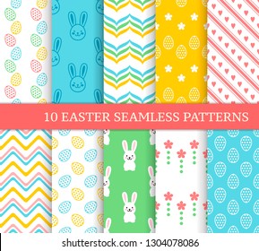 Ten different Easter seamless patterns. Endless texture for wallpaper, fill, web page background, texture. Colorful cute background with zigzags, flowers, Easter rabbits and eggs