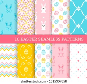 Ten different Easter seamless patterns. Endless texture for wallpaper, fill, web page background, texture. Colorful background with zigzags, flowers, tiles, cute Easter rabbits and eggs
