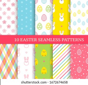 Ten different Easter seamless patterns. Endless texture for wallpaper, fill, web page background, texture. Colorful cute background with Easter bunnies, chicks and ornate eggs.