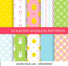 Ten different Easter seamless patterns. Endless texture for wallpaper, fill, web page background, texture. Colorful cute background with Easter bunnies, chicks, flowers, curved lines and ornate eggs.